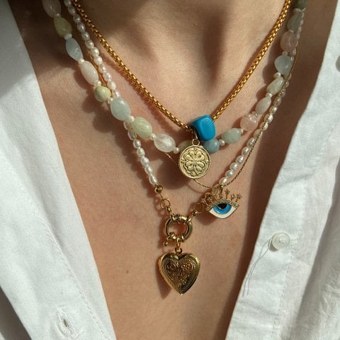 Mom İncili Hatıra Kalp Kolye