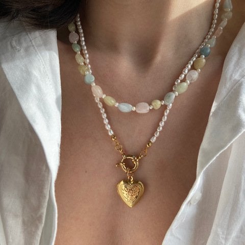 Mom İncili Hatıra Kalp Kolye