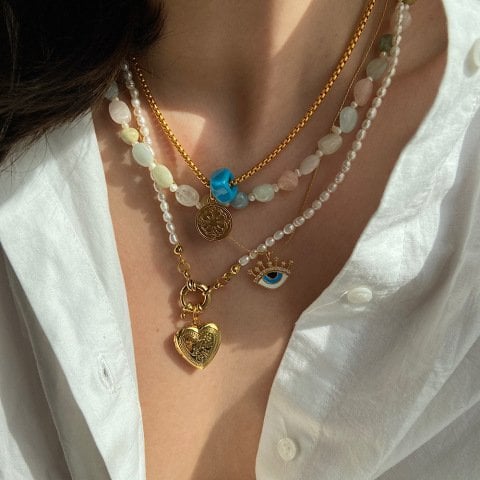 Mom İncili Hatıra Kalp Kolye