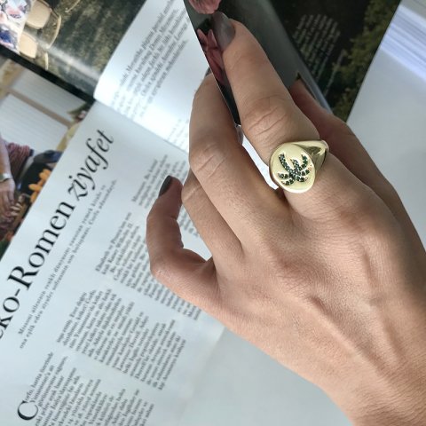 Palmiye Yeşil Taşlı Mühür Yüzük