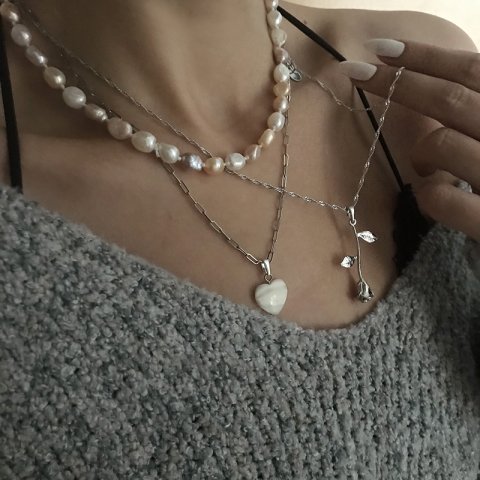 Sedef Kalp Doğal Taş Kolye Gümüş Renk