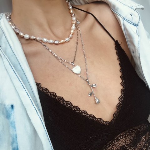 Sedef Kalp Doğal Taş Kolye Gümüş Renk