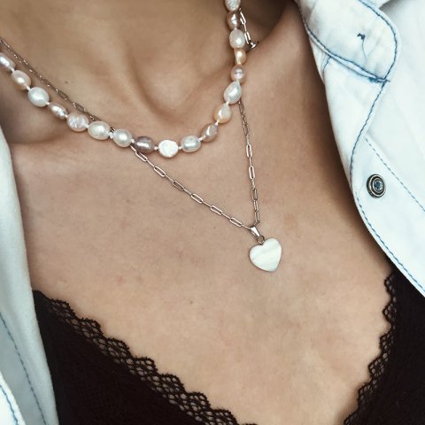 Sedef Kalp Doğal Taş Kolye Gümüş Renk