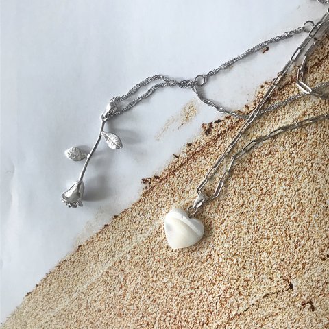 Sedef Kalp Doğal Taş Kolye Gümüş Renk