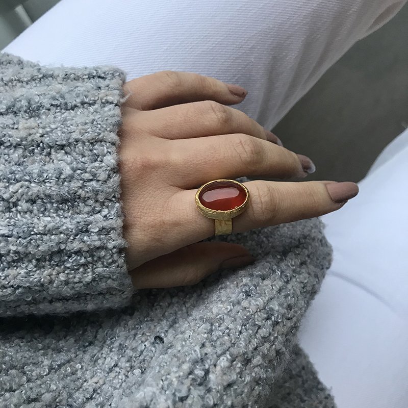 Oval Kızıl Büyük Akik Doğal Taş Yüzük