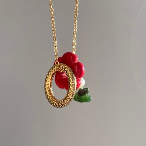 Kırmızı Çiçekli Charm Kolye