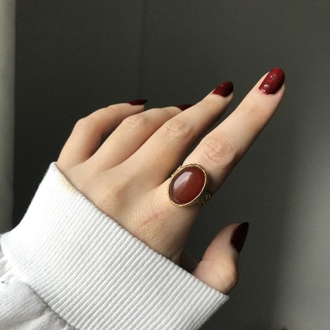 Oval Bordo Akik Doğal Taş Yüzük