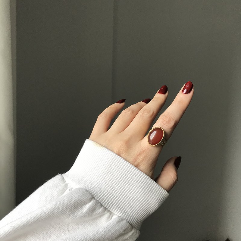 Oval Bordo Akik Doğal Taş Yüzük