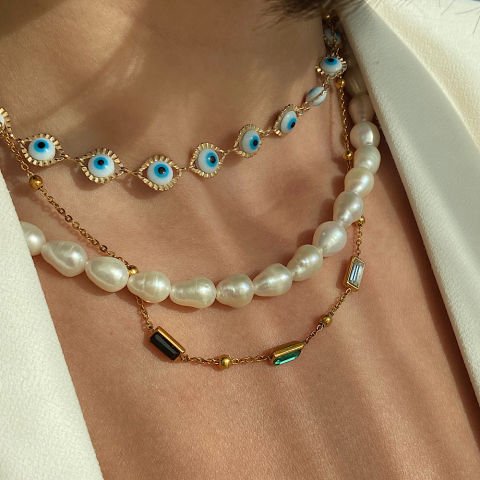 Üç Taşlı Çelik Zincir Kolye