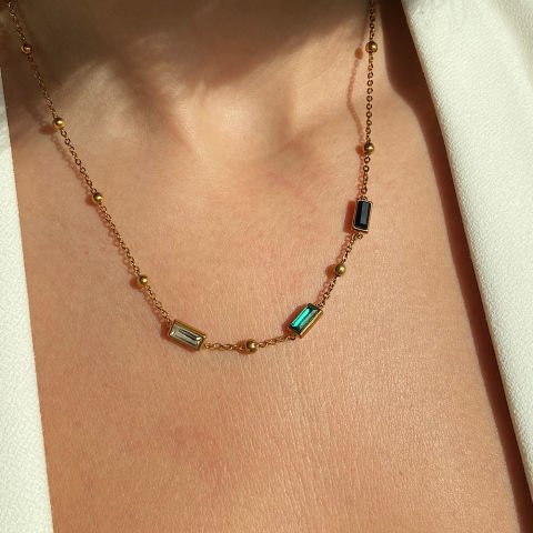 Üç Taşlı Çelik Zincir Kolye