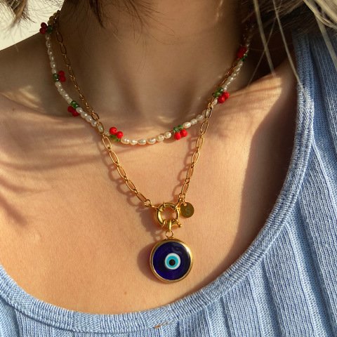 Büyük Nazar Retro Harfli Kolye