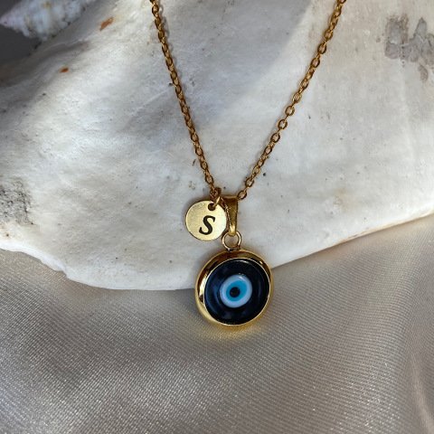 Siyah Nazar Harfli Retro Kolye