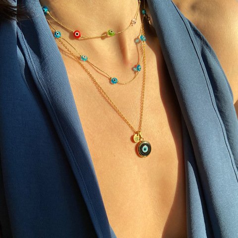 Siyah Nazar Harfli Retro Kolye