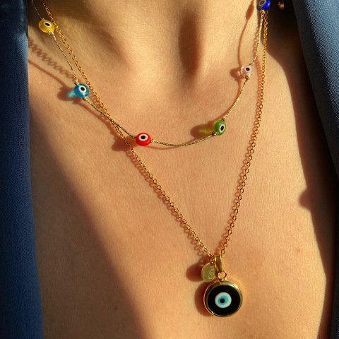 Siyah Nazar Harfli Retro Kolye