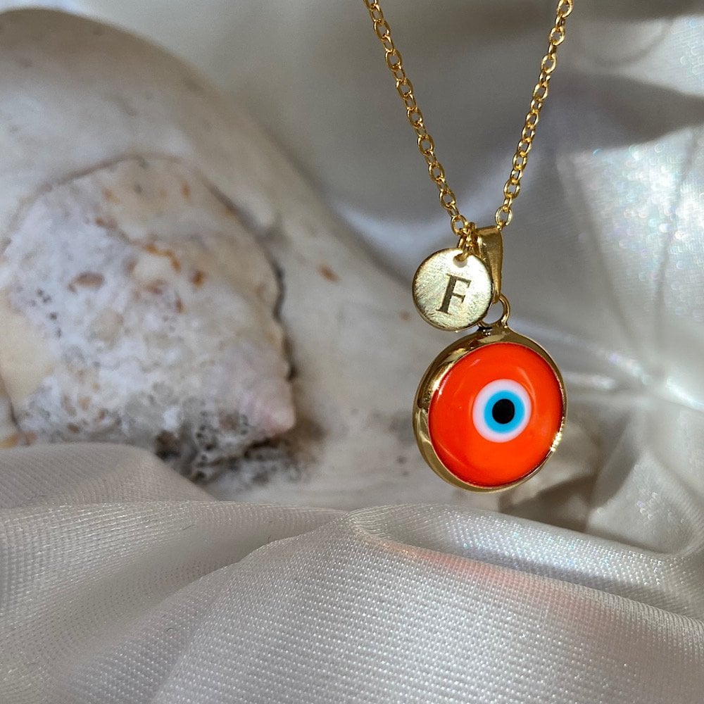 Turuncu Nazar Harfli Retro Kolye