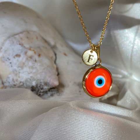 Turuncu Nazar Harfli Retro Kolye