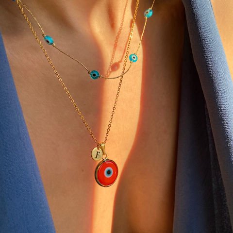 Turuncu Nazar Harfli Retro Kolye