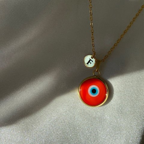 Turuncu Nazar Harfli Retro Kolye
