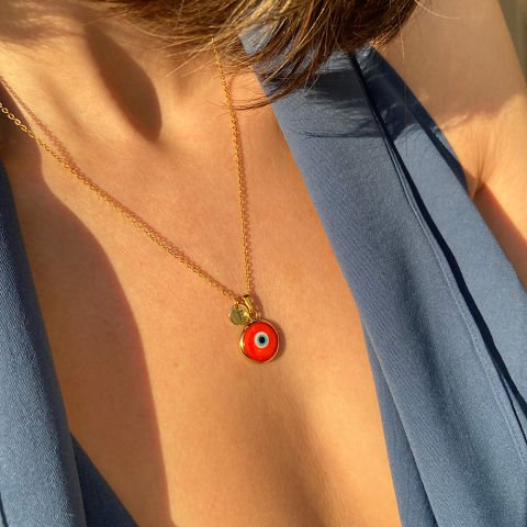 Turuncu Nazar Harfli Retro Kolye