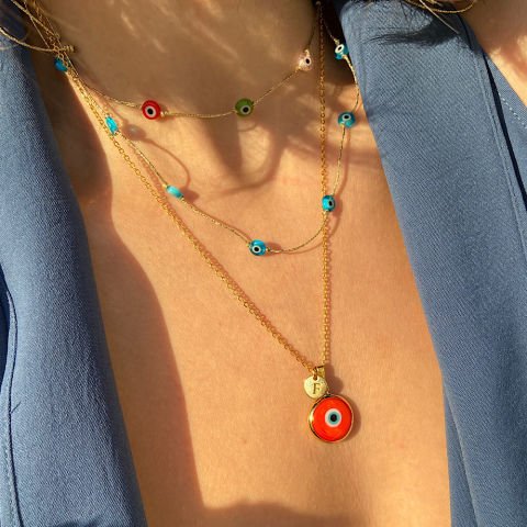 Turuncu Nazar Harfli Retro Kolye