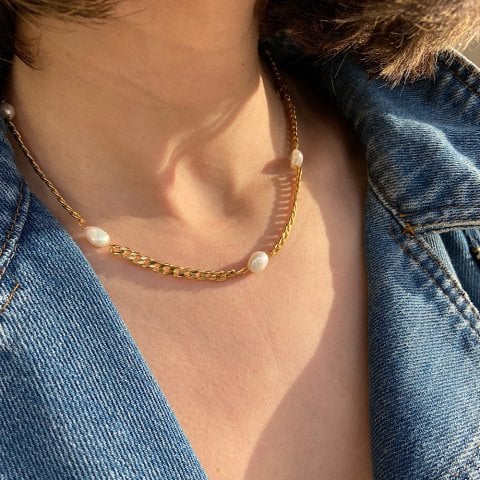 İncili Zincir Choker Kolye