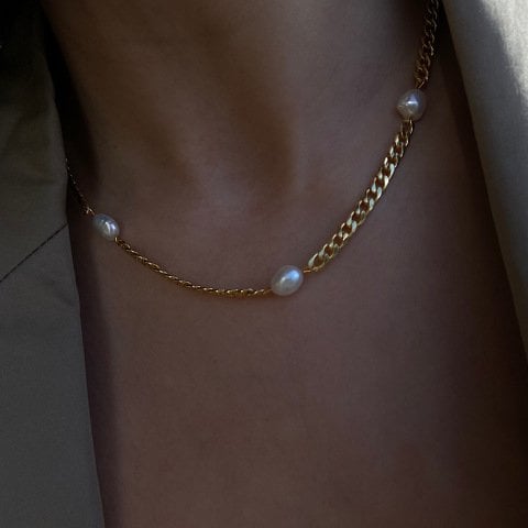 İncili Zincir Choker Kolye