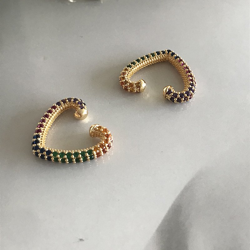 Earcuff Renkli Taşlı Kalp Küpe