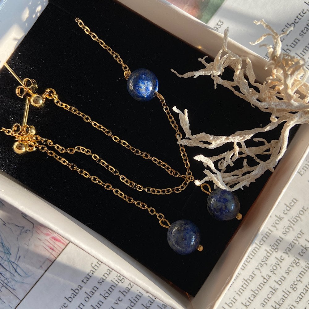 Lapis Lazuli Minimal Kolye Küpe Set
