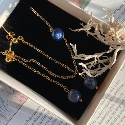 Lapis Lazuli Minimal Kolye Küpe Set