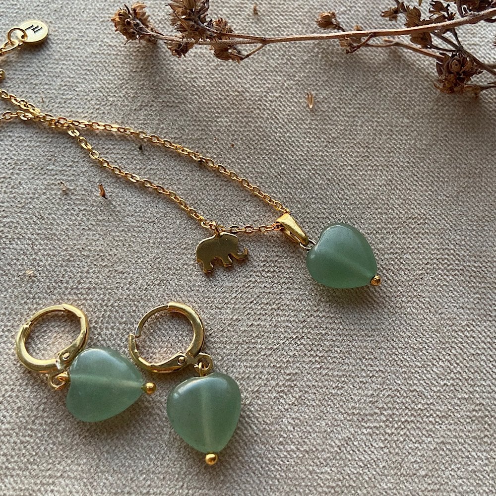 Aventurin Kalp Şans Kolye Küpe Set