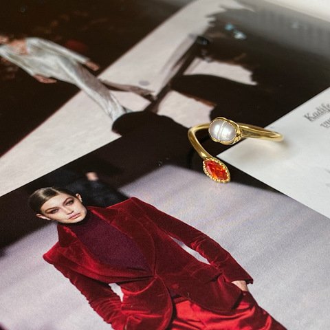 Turuncu Taşlı İnci Yüzük