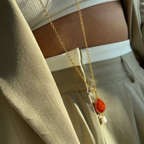 Karnelyan Taş İncili Uzun Kolye