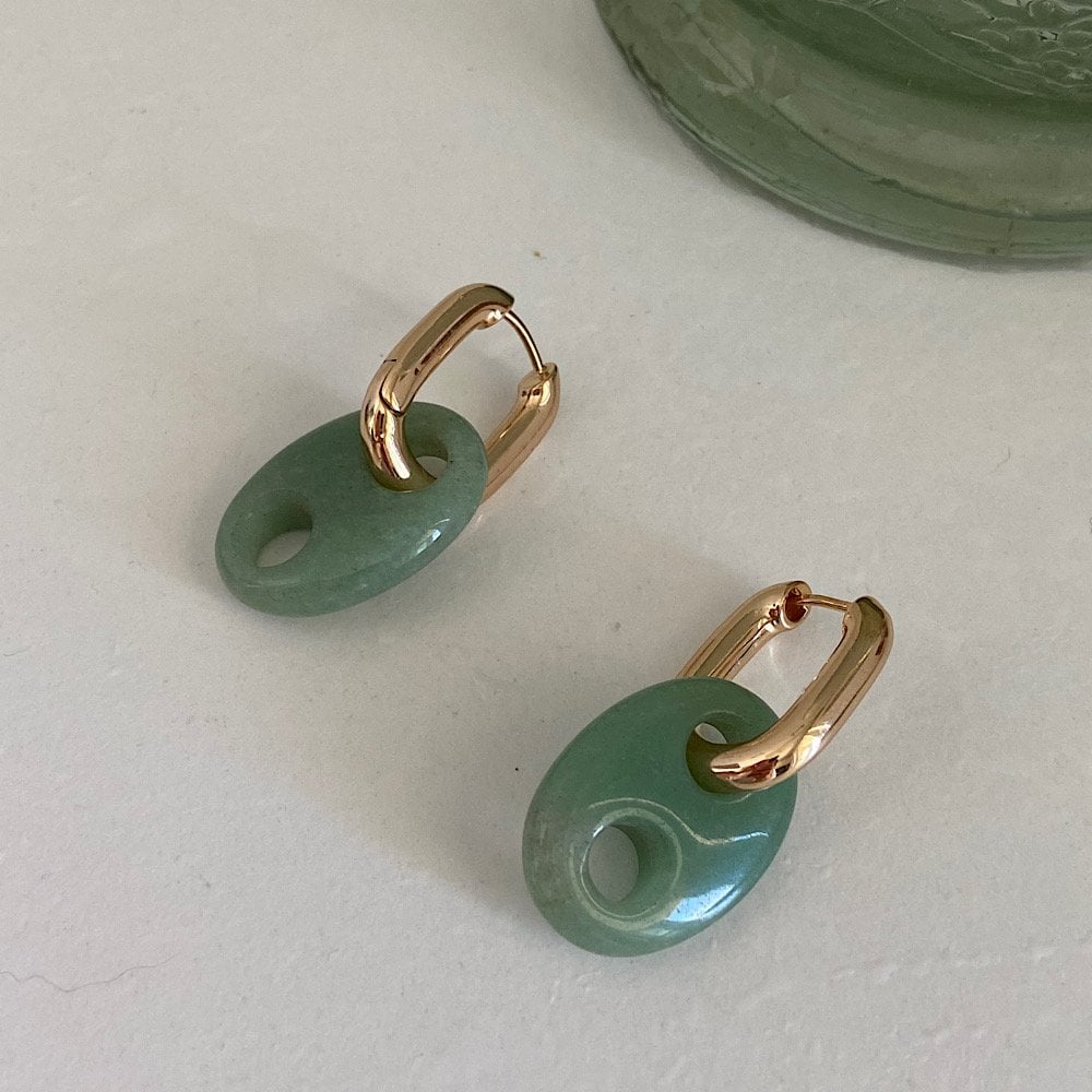 Button Aventurin Oval Doğal Taş Küpe