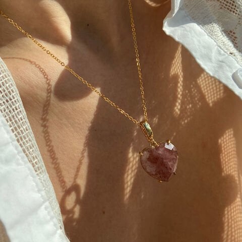 Çilek Kuvars Kalp Kolye