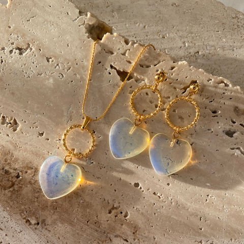 Kalp Opalit Taşlı Kolye Küpe Set