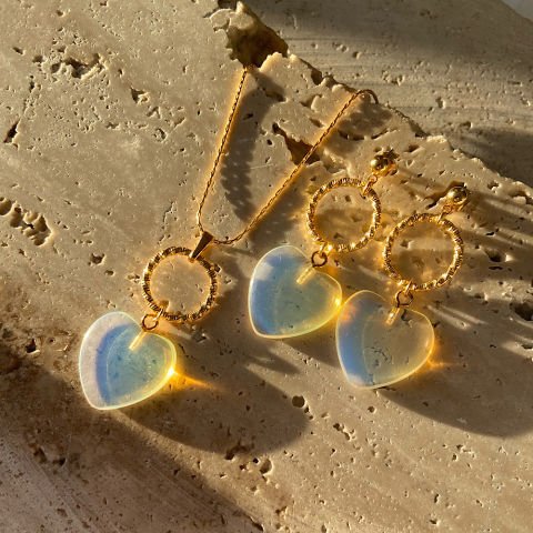 Kalp Opalit Taşlı Kolye Küpe Set