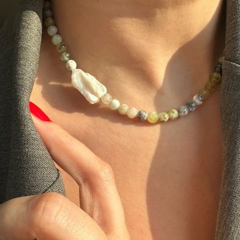 İncili Yeşil Opal Kolye