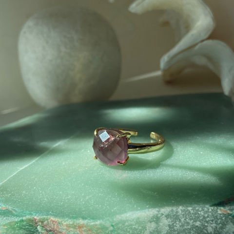 Koyu Ametist Taşı Fasetli Kare Yüzük