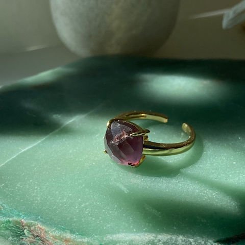 Koyu Ametist Taşı Fasetli Kare Yüzük