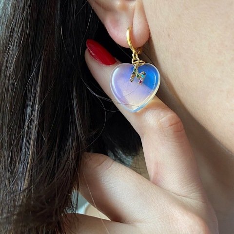 Ay Taşı Harfli Kalp TEK Küpe