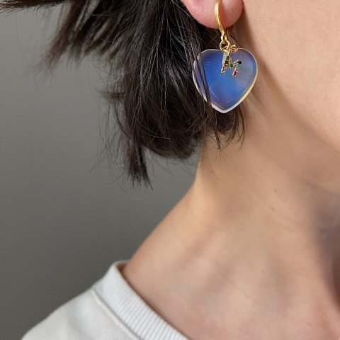 Ay Taşı Harfli Kalp TEK Küpe