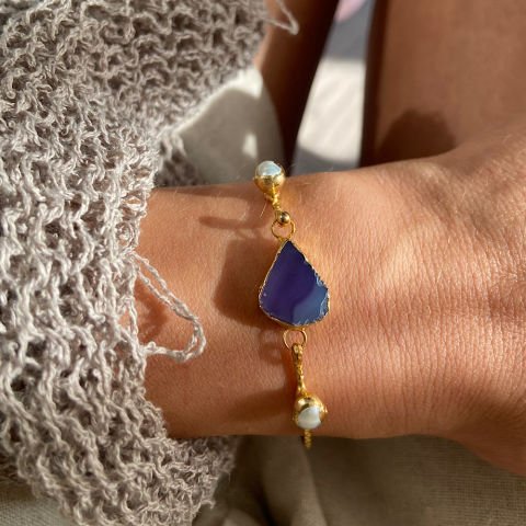 İnvi ve Mor Agat Doğal Taş Kelepçe Bileklik