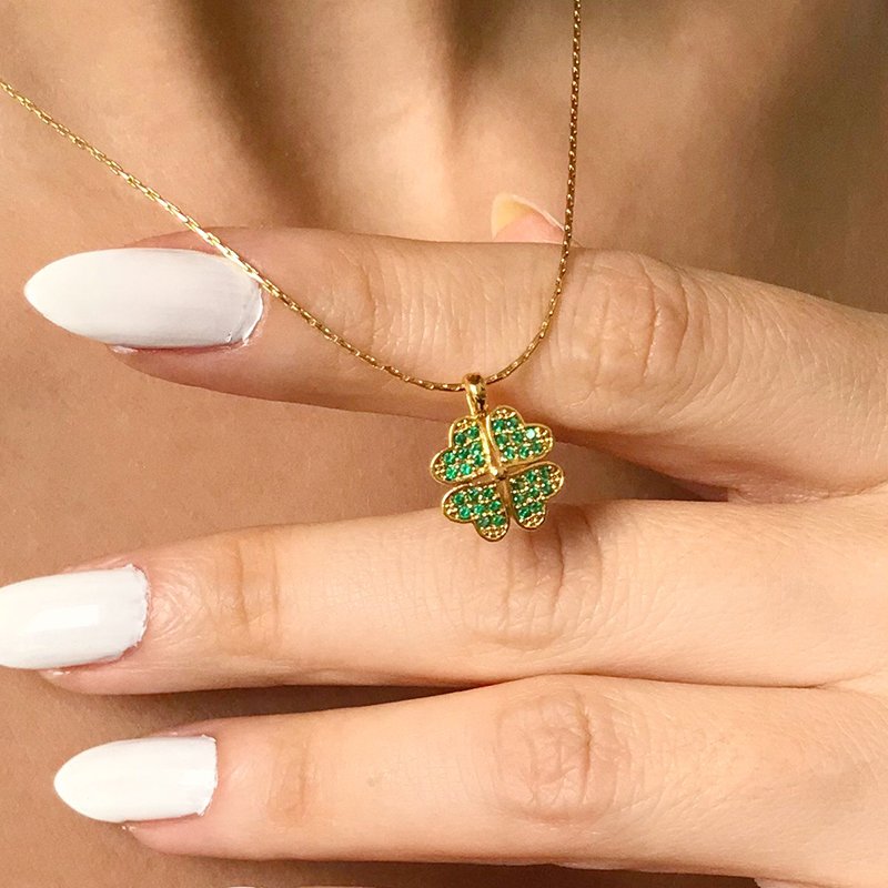 Yesil Taşlı Yonca Şans Kolye