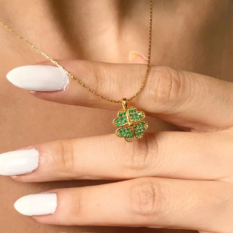 Yesil Taşlı Yonca Şans Kolye