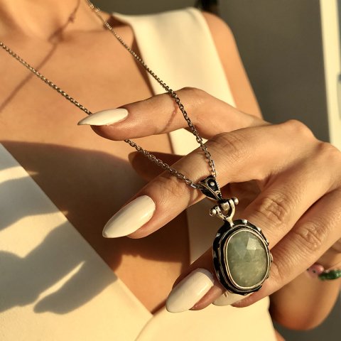 Oval Mint Yeşili akuamarin 925 Gümüş Kolye