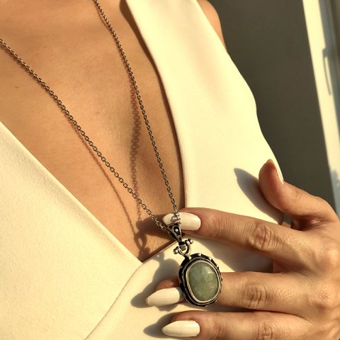 Oval Mint Yeşili akuamarin 925 Gümüş Kolye