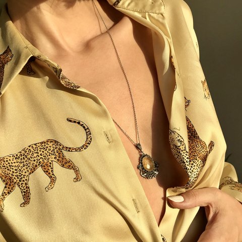 Çiçek Motifli Sarı Kuvars 925 Gümüş Kolye