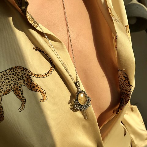 Çiçek Motifli Sarı Kuvars 925 Gümüş Kolye