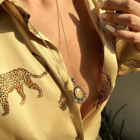 Çiçek Motifli Sarı Kuvars 925 Gümüş Kolye