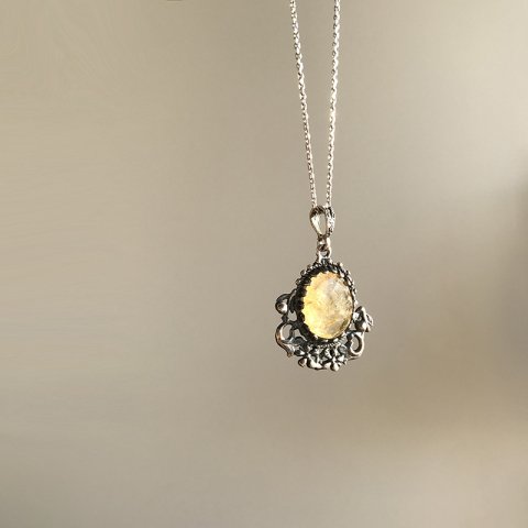 Çiçek Motifli Sarı Kuvars 925 Gümüş Kolye